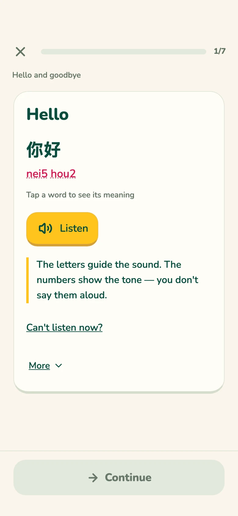 Preview of a Hello lesson showing 你好, Jyutping nei5 hou2, a Listen button, and a note explaining tone numbers