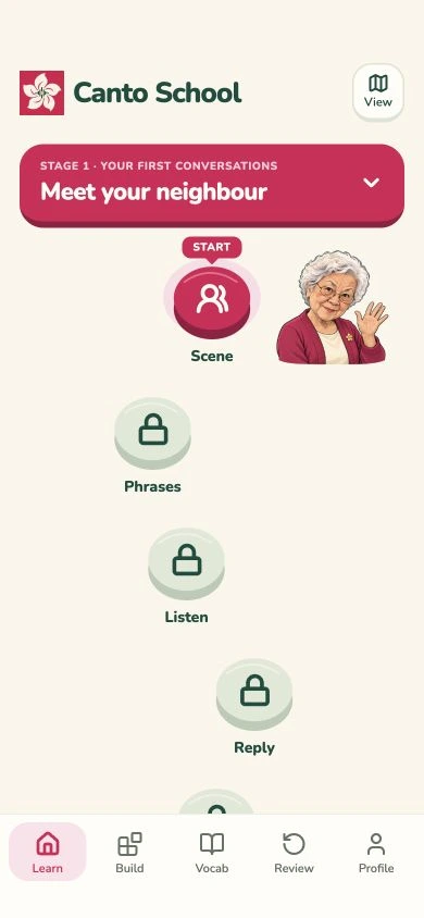 Preview of a Canto School stage map with lesson nodes for scene, phrases, listen, and reply