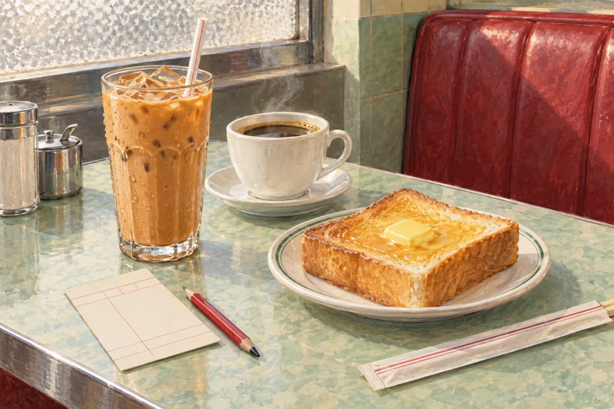 Illustration of iced milk tea, hot coffee and buttered toast on a Hong Kong café table.
