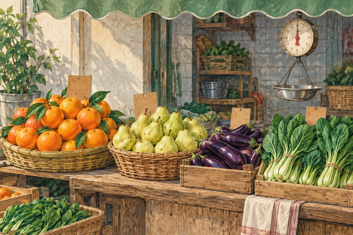 Illustration of oranges, pears, aubergines and leafy vegetables beneath a market awning.