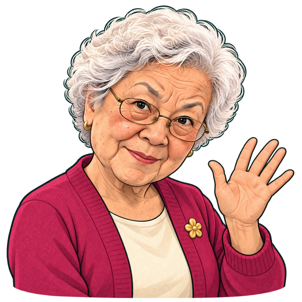 Auntie waves hello.